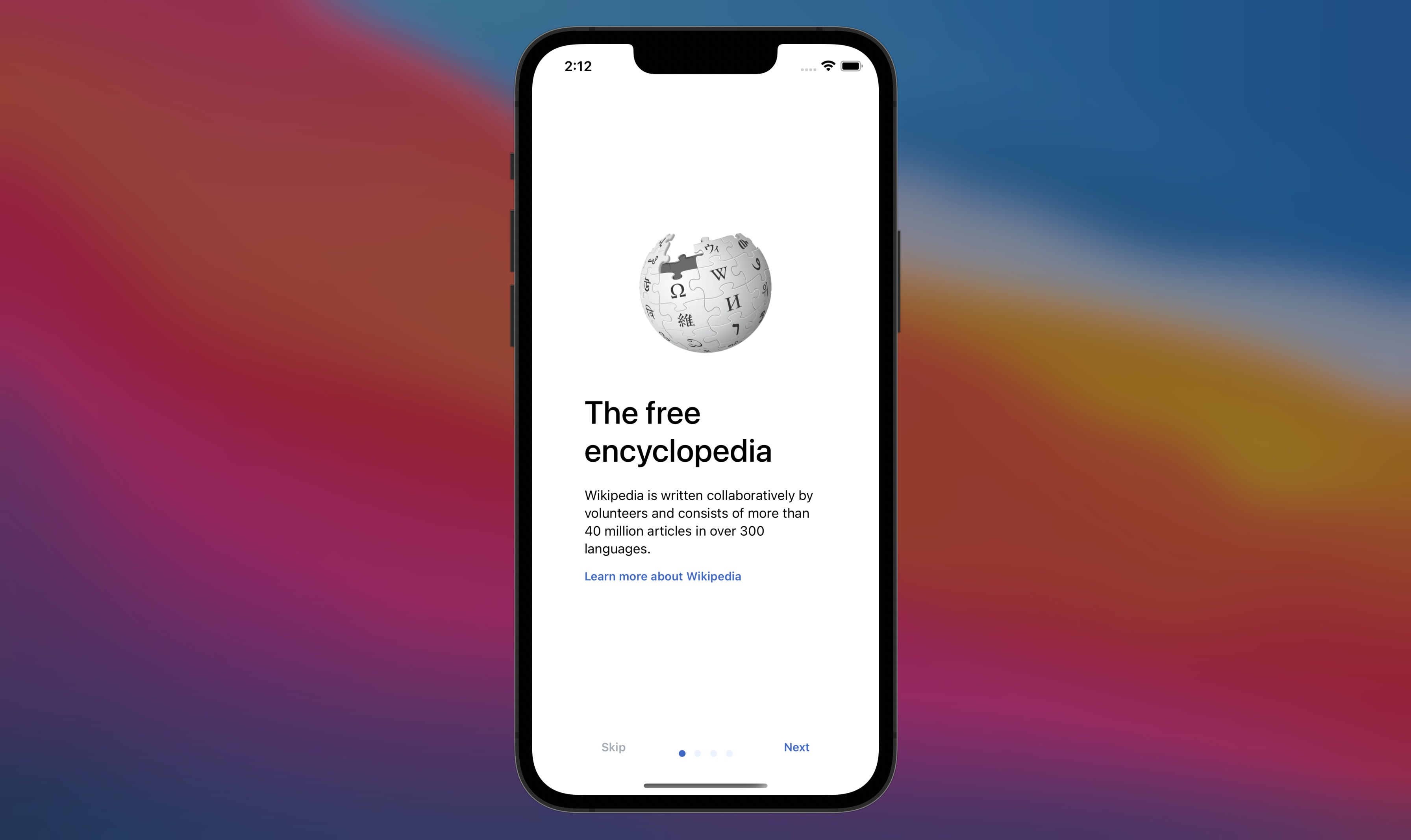 Wikipedia app start screen
